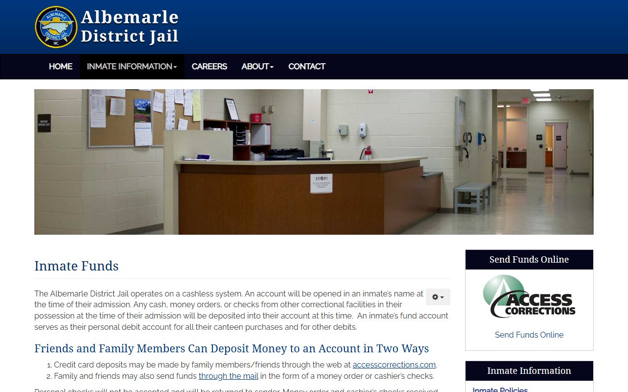 Albemarle District Jail official inmate funds page